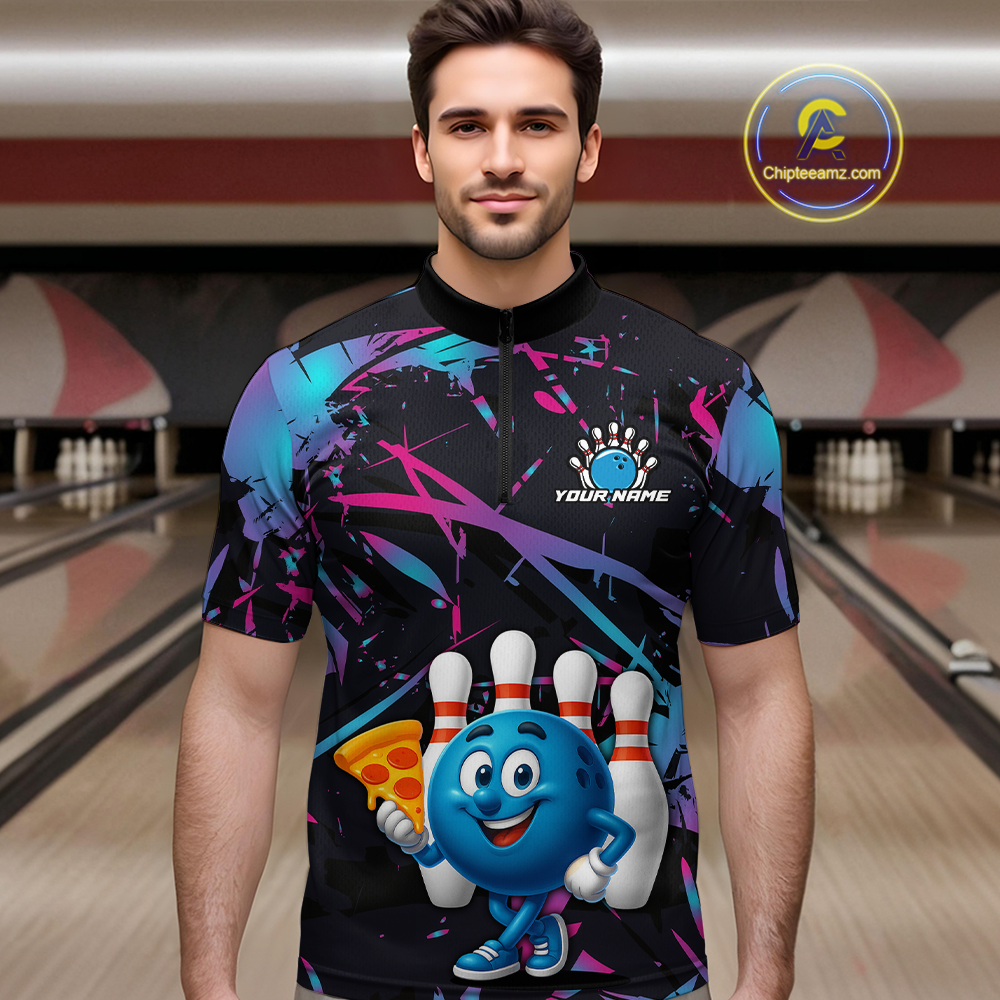 Custom Blue & Pink Funny Bowling with Food Bowling Shirt Bowling Jersey for Men QZT797