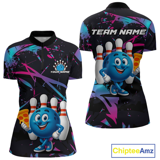 Custom Blue & Pink Funny Bowling with Food for Women Bowling Shirt Polo & 1/4 Zip QZT797