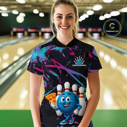 Custom Blue & Pink Funny Bowling with Food for Women Bowling Shirt Polo & 1/4 Zip QZT797