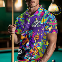 Load image into Gallery viewer, Person wearing a colorful polo shirt with a dinosaur design holding a pool cue on a pool table.