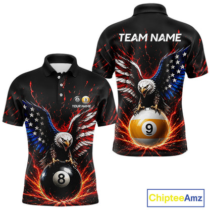 American flag polo shirt with eagle design and pool balls, customizable text on a white background
