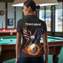 Load image into Gallery viewer, Person wearing a black shirt with an eagle and pool ball design in a room with a pool table.