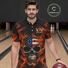 Load image into Gallery viewer, Man wearing a black polo shirt with a skull and flames design in a bowling alley.