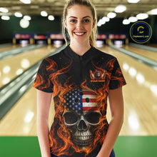 Load image into Gallery viewer, Person wearing a black shirt with a skull and American flag design in a bowling alley.