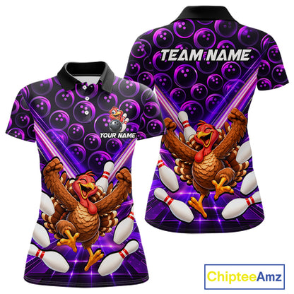 Custom Thanksgiving Bowling Shirt for Women Purple Funny Turkey Bowling Jersey QZT1335