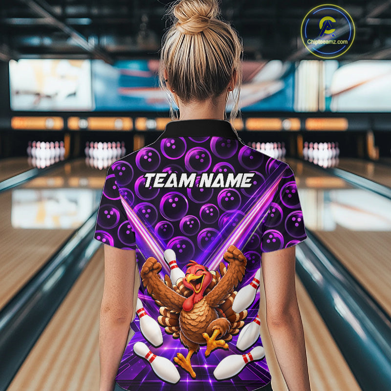 Custom Thanksgiving Bowling Shirt for Women Purple Funny Turkey Bowling Jersey QZT1335