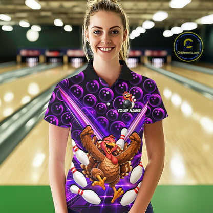 Custom Thanksgiving Bowling Shirt for Women Purple Funny Turkey Bowling Jersey QZT1335