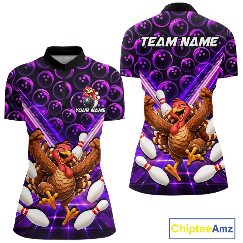 Custom Thanksgiving Bowling Shirt for Women Purple Funny Turkey Bowling Jersey QZT1335