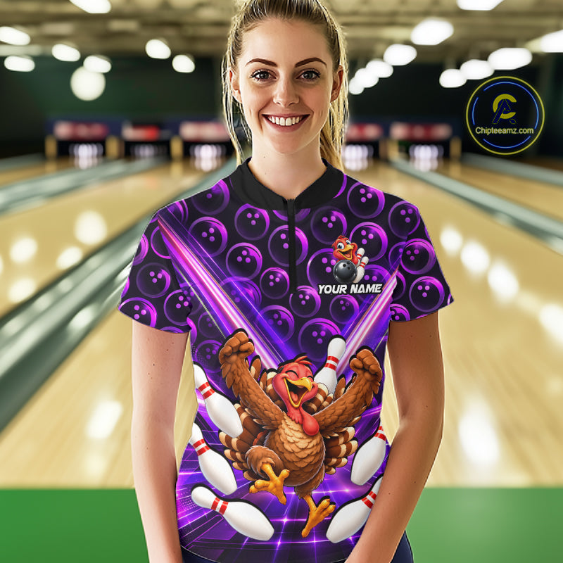 Custom Thanksgiving Bowling Shirt for Women Purple Funny Turkey Bowling Jersey QZT1335