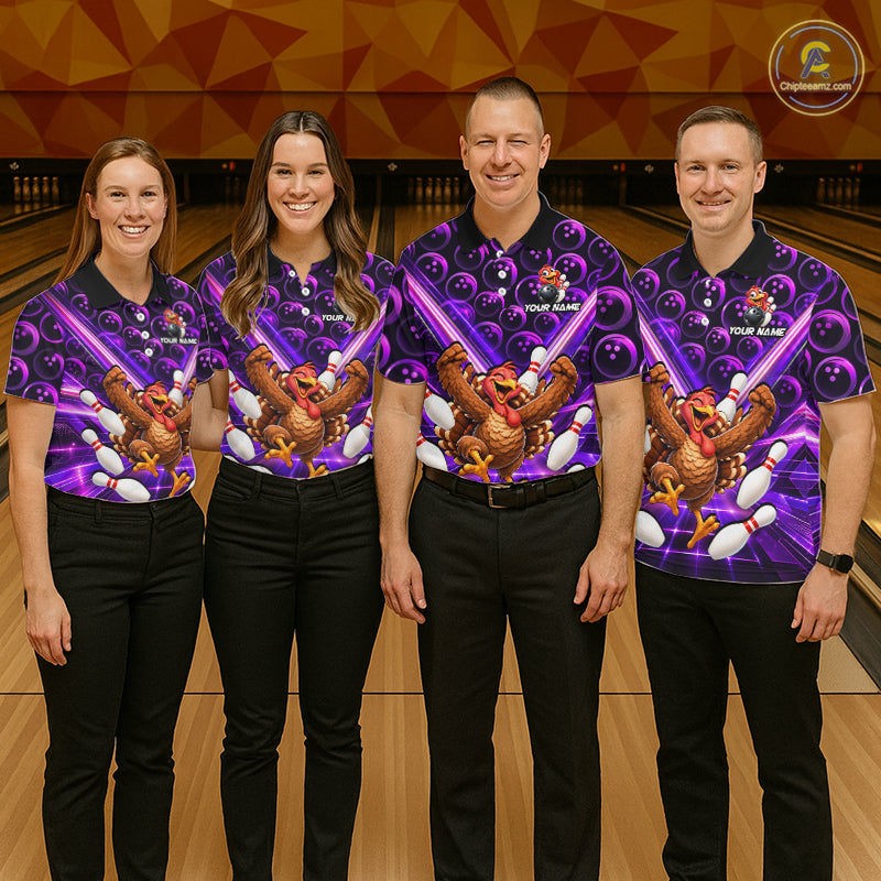 Custom Thanksgiving Bowling Shirt for Women Purple Funny Turkey Bowling Jersey QZT1335