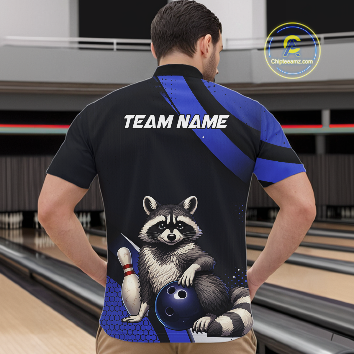Custom Blue Ugly Raccoon Bowling Shirt for Men Bowling League Polo & Quarter-Zip Gift QZT853