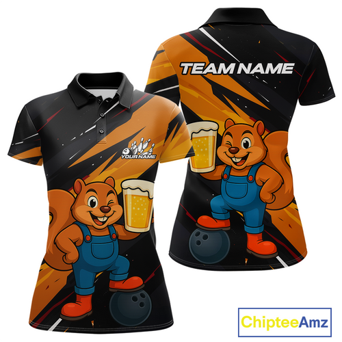 Funny Squirrel and Beer Bowling Team Shirt for Women Custom Bowling League Jersey Bowling Outfit QZT813
