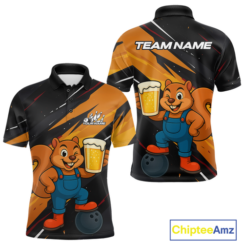 Funny Squirrel and Beer Bowling Team Shirt for Men Custom Bowling League Jersey Bowling Outfit QZT813