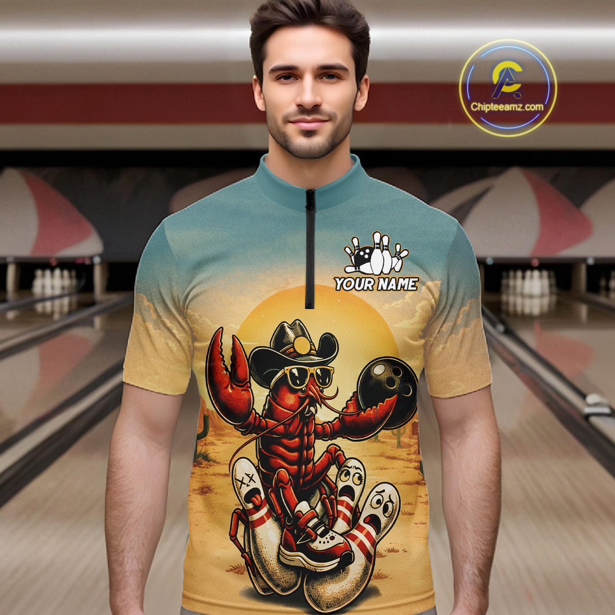 Man wearing a shirt with a crawfish bowling design in a bowling alley.