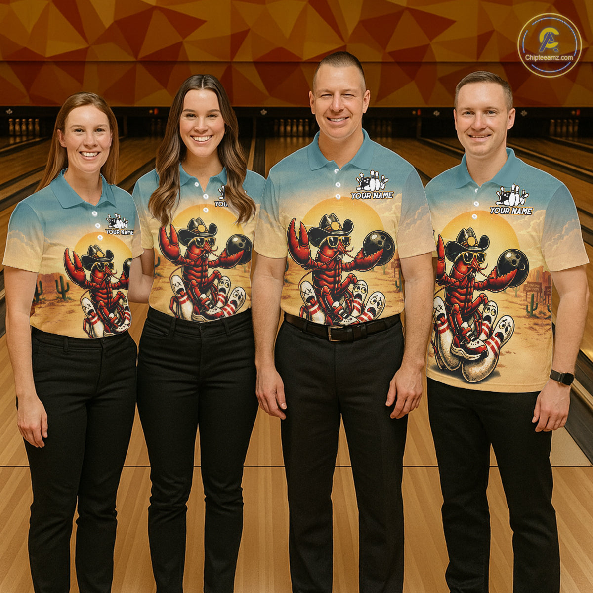 Four people wearing matching bowling shirts with a red crawfish design on a bowling alley.