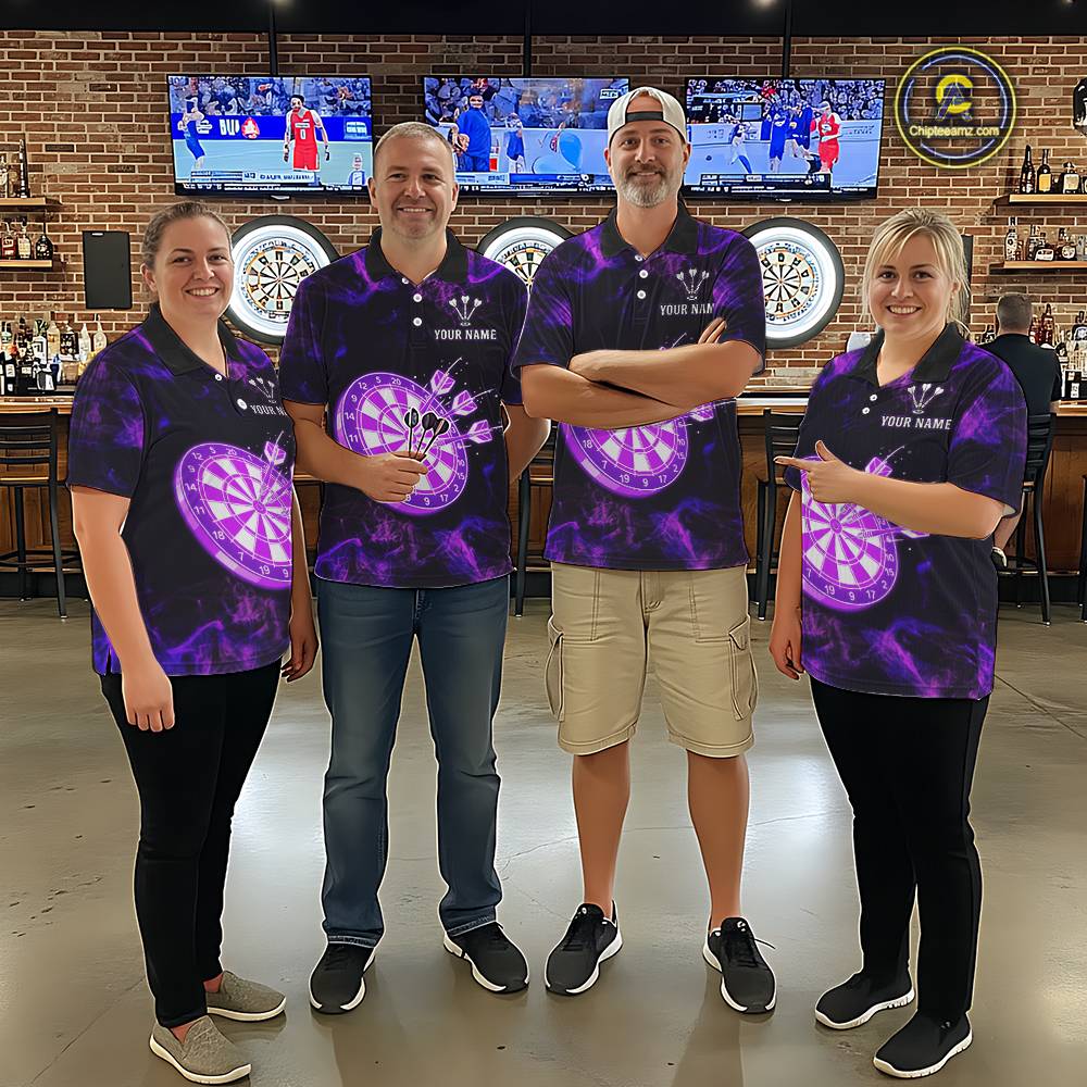 Custom Purple Flame Neon Dart Shirts Wings Dart Jersey Dartboard Shirt for Women DHT21