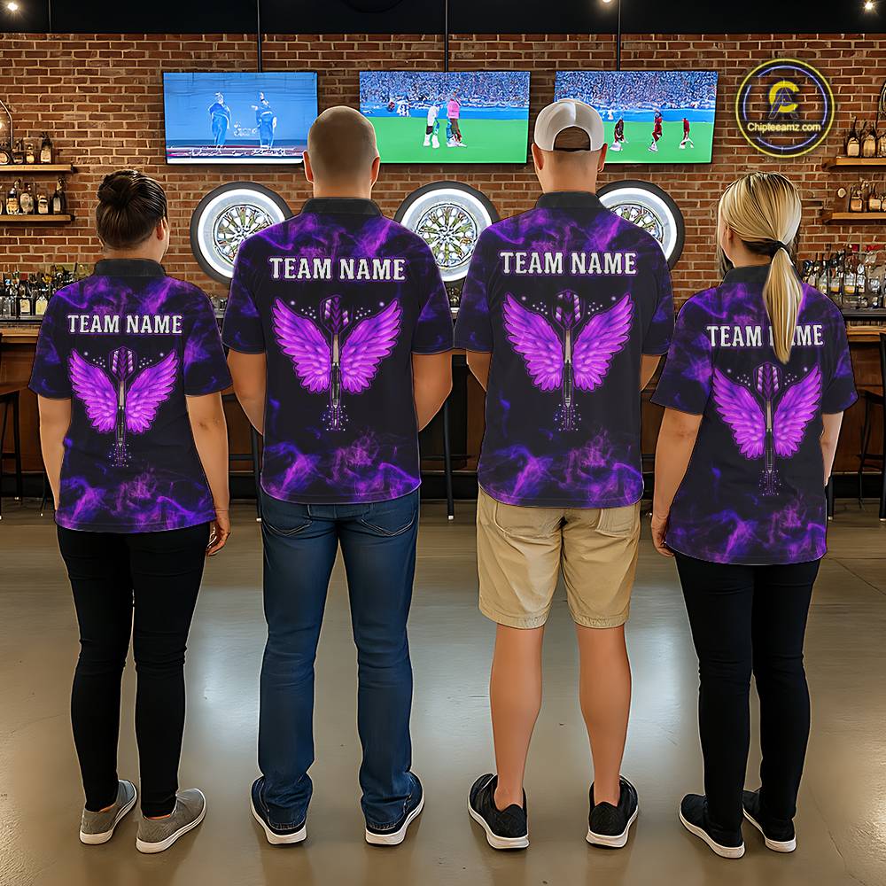 Custom Purple Flame Neon Dart Shirts Wings Dart Jersey Dartboard Shirt for Women DHT21