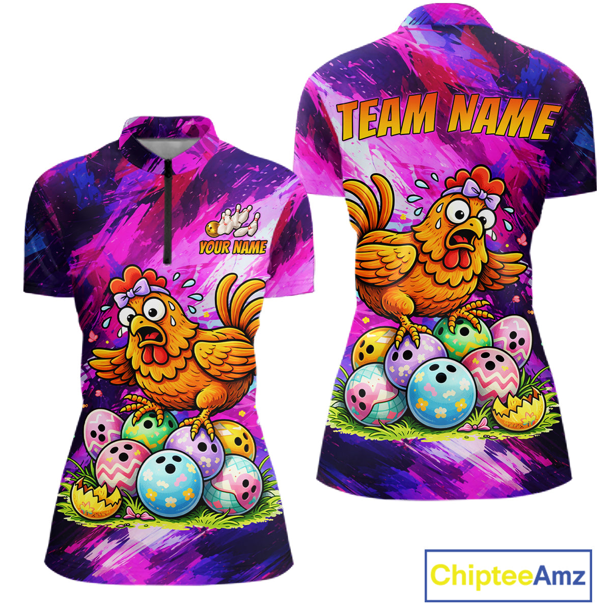 Custom Funny Chicken Bowling Team Shirt for Women Easter Bowling League Jersey Polo & 1/4-Zip QZT939