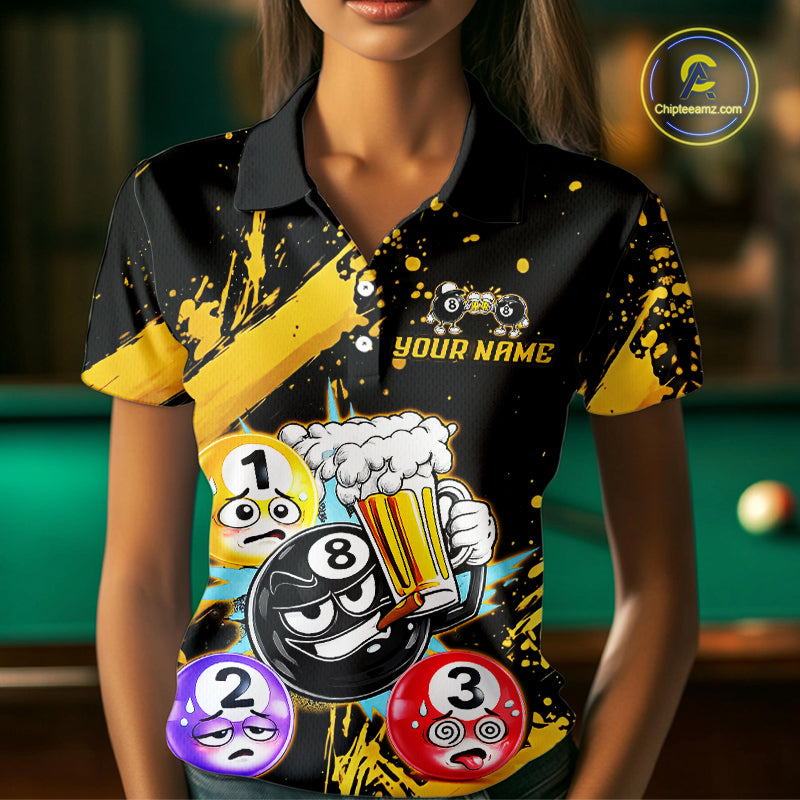 Custom Yellow Funny 8 Ball Pool Billiard Team Shirts for Women Billiard League Jersey Polo &1/4 Zip BHT2