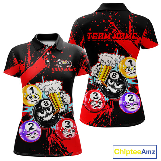 Custom Red Funny 8 Ball Pool Billiard Team Shirts for Women Billiard League Jersey Polo &1/4 Zip BHT2