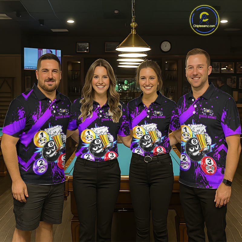 Custom Purple Funny 8 Ball Pool Billiard Team Shirts for Women Billiard League Jersey Polo &1/4 Zip BHT2