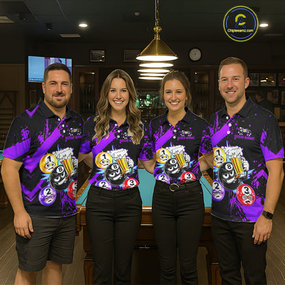 Custom Purple Funny 8 Ball Pool Billiard Team Shirts for Women Billiard League Jersey Polo &1/4 Zip BHT2