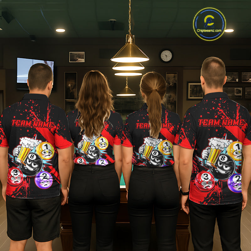 Custom Red Funny 8 Ball Pool Billiard Team Shirts for Women Billiard League Jersey Polo &1/4 Zip BHT2