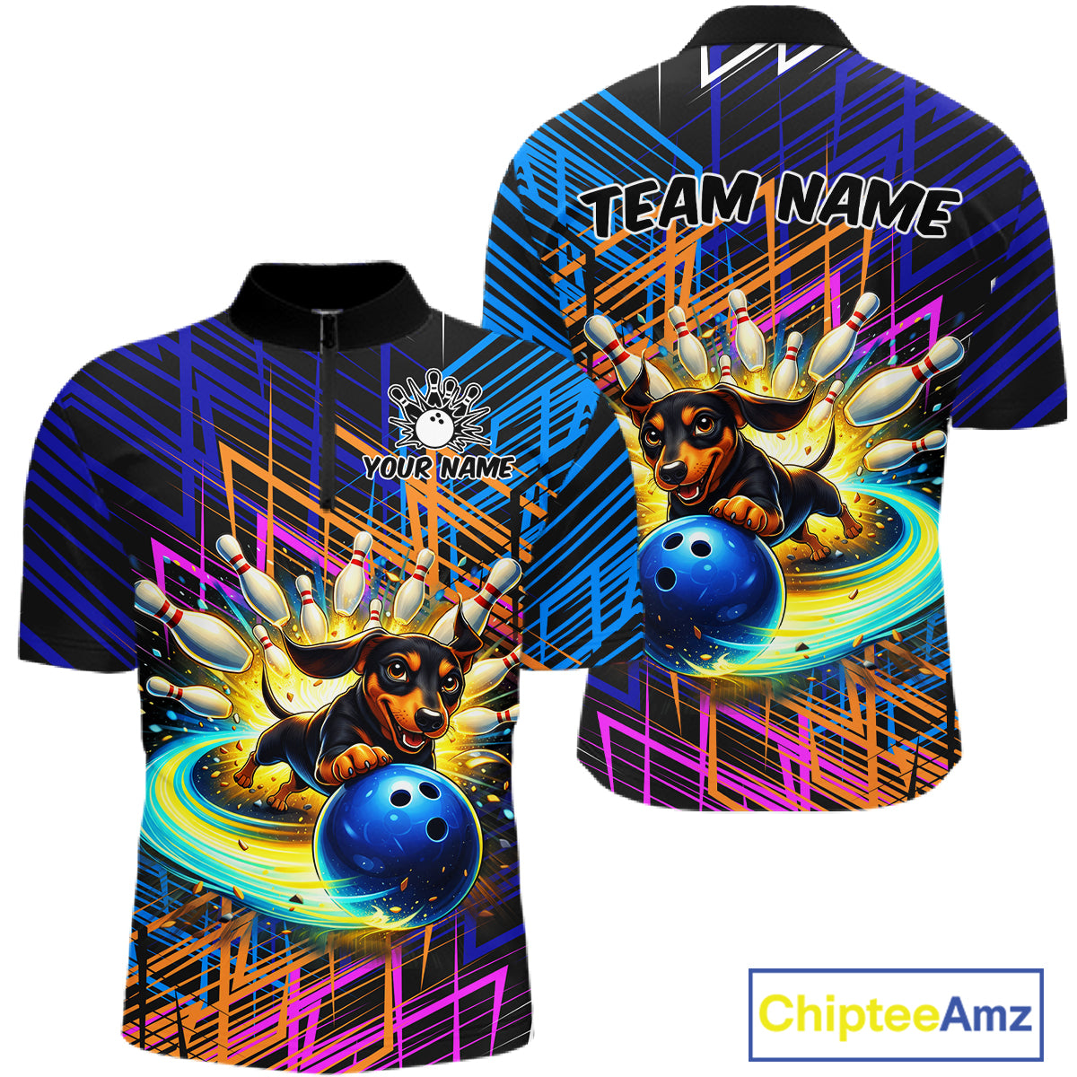 Multicolor Funny Dachshund Bowling Shirt Custom Bowling Team Jersey for Men Polo & Quarter-Zip Bowling Outfit QZT941