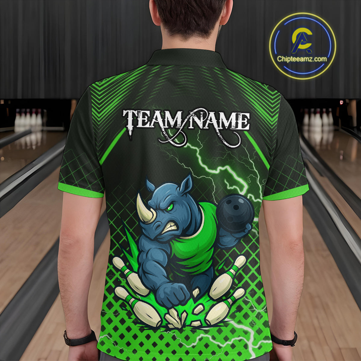Custom Funny Green Rhino Bowling Team Shirt for Men Bowling Jersey Polo, Quarter-Zip Outfit QZT805
