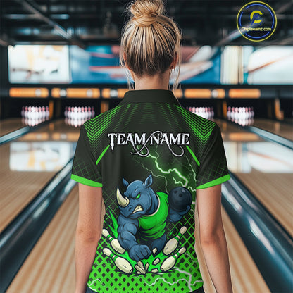 Custom Funny Green Rhino Bowling Team Shirt for Women Bowling Jersey Polo, Quarter-Zip Outfit QZT805