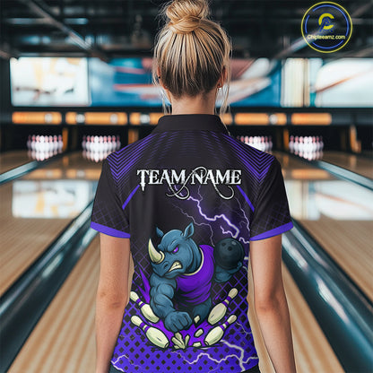 Custom Funny Purple Rhino Bowling Team Shirt for Women Bowling Jersey Polo, Quarter-Zip Outfit QZT805