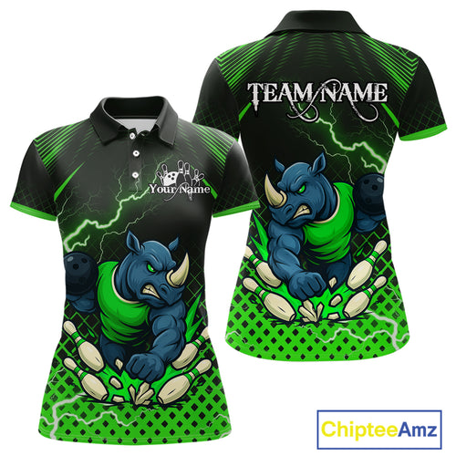 Custom Funny Green Rhino Bowling Team Shirt for Women Bowling Jersey Polo, Quarter-Zip Outfit QZT805