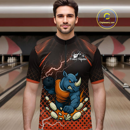 Custom Funny Orange Rhino Bowling Team Shirt for Men Bowling Jersey Polo, Quarter-Zip Outfit QZT805