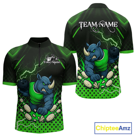 Custom Funny Green Rhino Bowling Team Shirt for Men Bowling Jersey Polo, Quarter-Zip Outfit QZT805