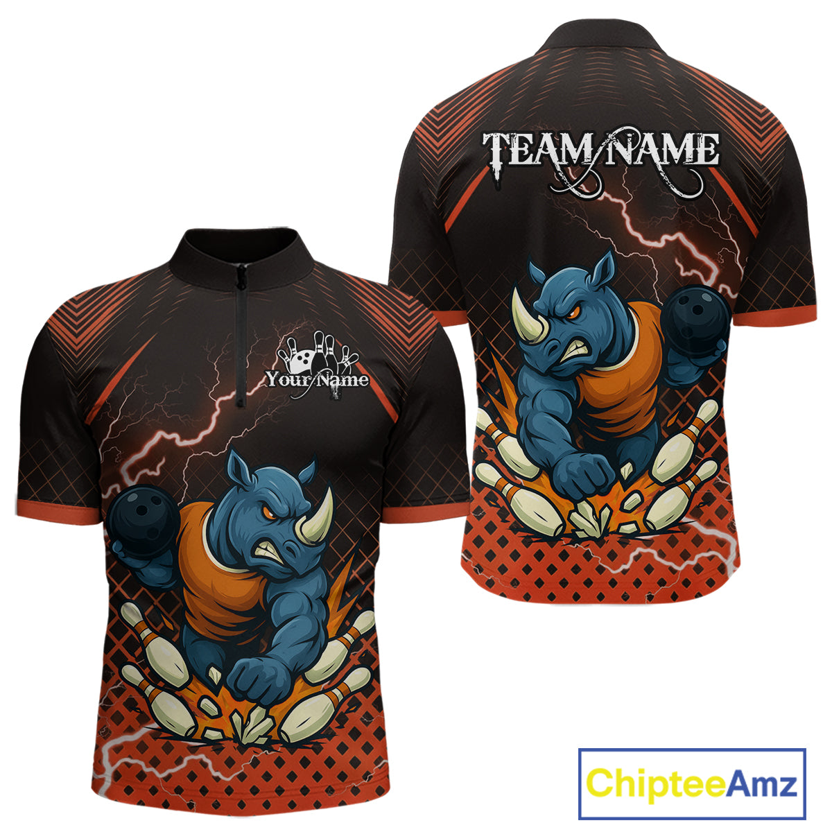 Custom Funny Orange Rhino Bowling Team Shirt for Men Bowling Jersey Polo, Quarter-Zip Outfit QZT805