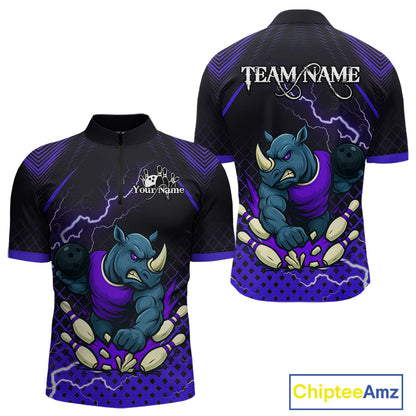 Custom Funny Purple Rhino Bowling Team Shirt for Men Bowling Jersey Polo, Quarter-Zip Outfit QZT805
