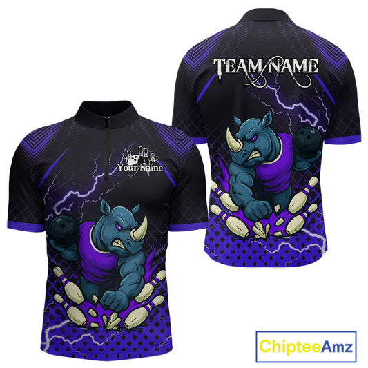 Custom Funny Purple Rhino Bowling Team Shirt for Men Bowling Jersey Polo, Quarter-Zip Outfit QZT805