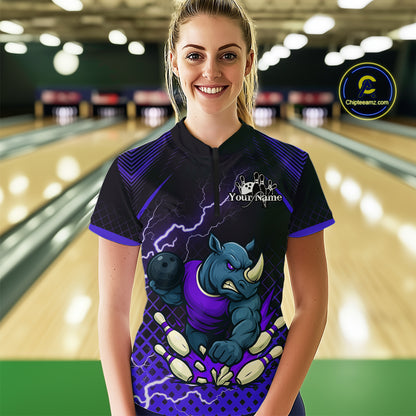 Custom Funny Purple Rhino Bowling Team Shirt for Women Bowling Jersey Polo, Quarter-Zip Outfit QZT805