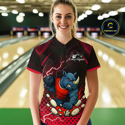 Custom Funny Red Rhino Bowling Team Shirt for Women Bowling Jersey Polo, Quarter-Zip Outfit QZT805