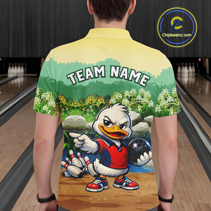 Man wearing a bowling-themed shirt with a cartoon character in a bowling alley, back view mockup.