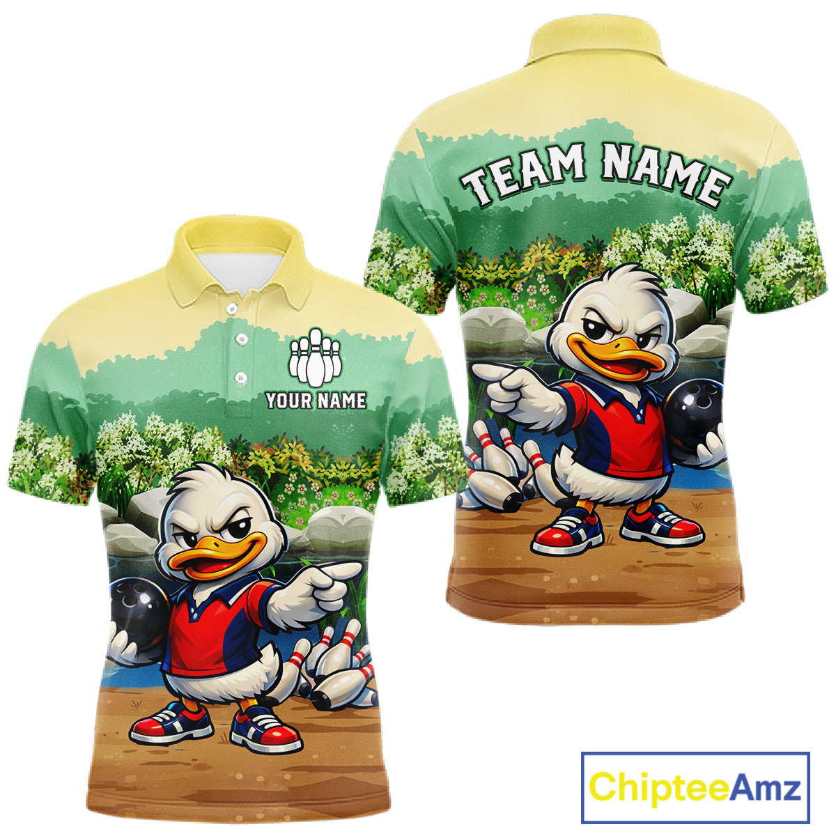 Front and back view mockup with a cartoon duck character and customizable text on a white background.