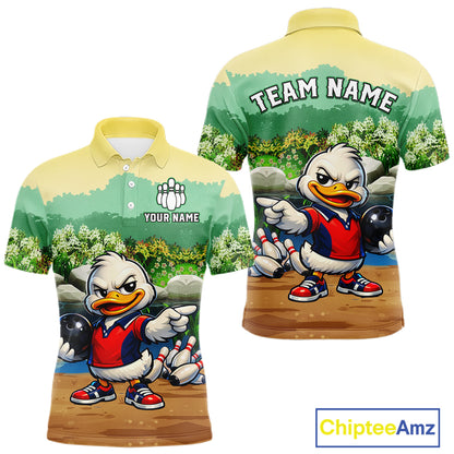 Front and back view mockup with a cartoon duck character and customizable text on a white background.