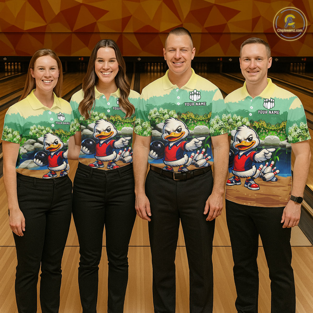 Four people wearing matching shirts with a cartoon character on a bowling alley.