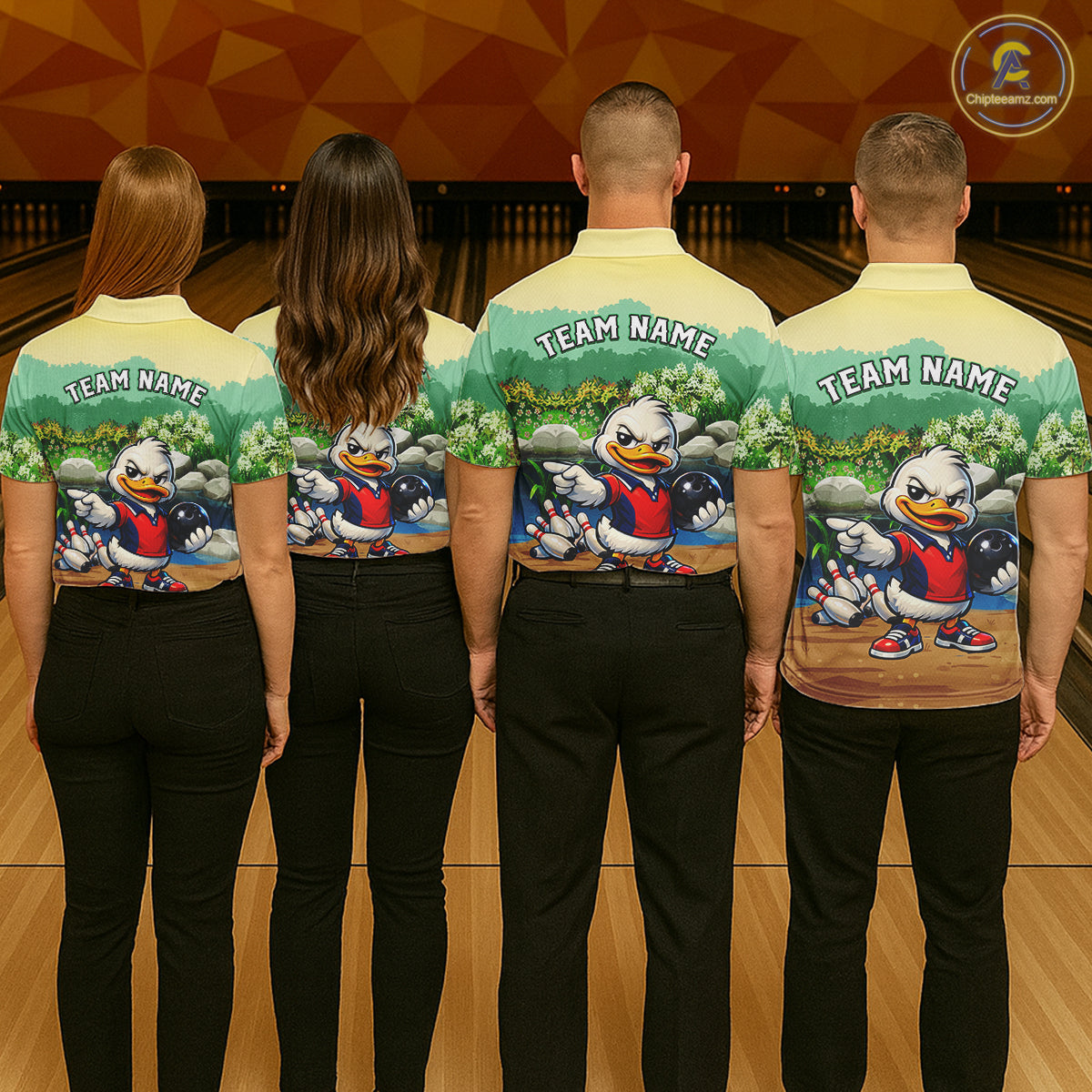 Four people wearing matching shirts with a cartoon character on a bowling alley.