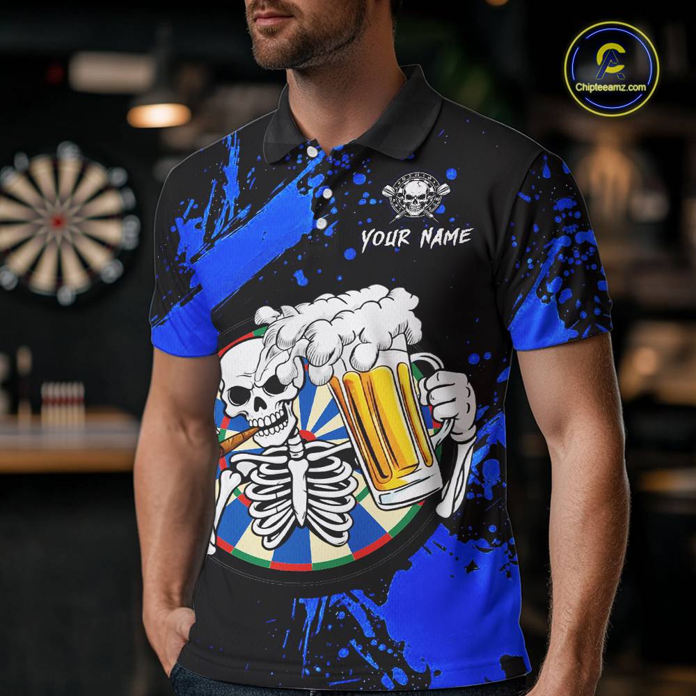 Custom Blue Skeleton Dart Jersey for Team Polo & 1/4 Zip Beer Dartboard Shirts Dart Jerseys Gift for Men DHT3