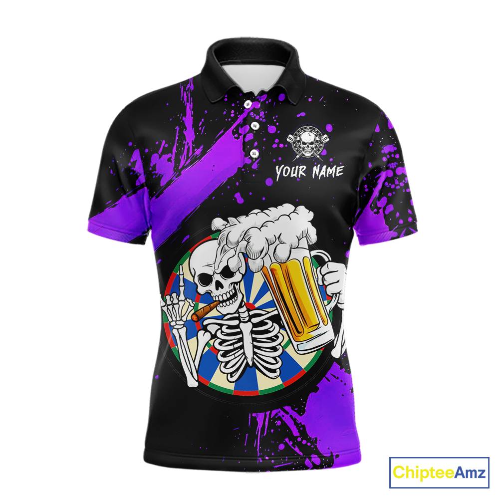 Custom Purple Skeleton Dart Jersey for Team Polo & 1/4 Zip Beer Dartboard Shirts Dart Jerseys Gift for Men DHT3