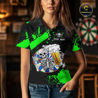 Custom Green Skeleton Dart Jersey for Team Polo & 1/4 Zip Beer Dartboard Shirts Dart Jerseys Gift for Women DHT3