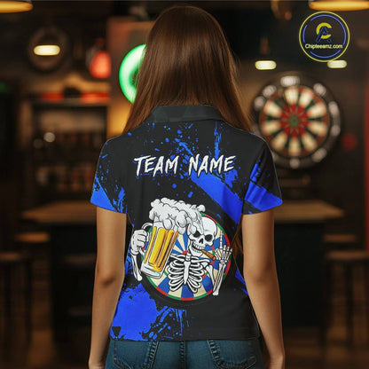 Custom Blue Skeleton Dart Jersey for Team Polo & 1/4 Zip Beer Dartboard Shirts Dart Jerseys Gift for Women DHT3