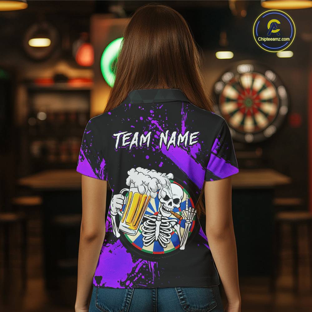 Custom Purple Skeleton Dart Jersey for Team Polo & 1/4 Zip Beer Dartboard Shirts Dart Jerseys Gift for Women DHT3