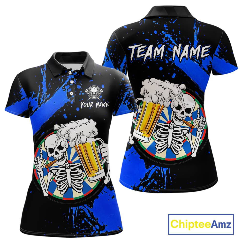 Custom Blue Skeleton Dart Jersey for Team Polo & 1/4 Zip Beer Dartboard Shirts Dart Jerseys Gift for Women DHT3